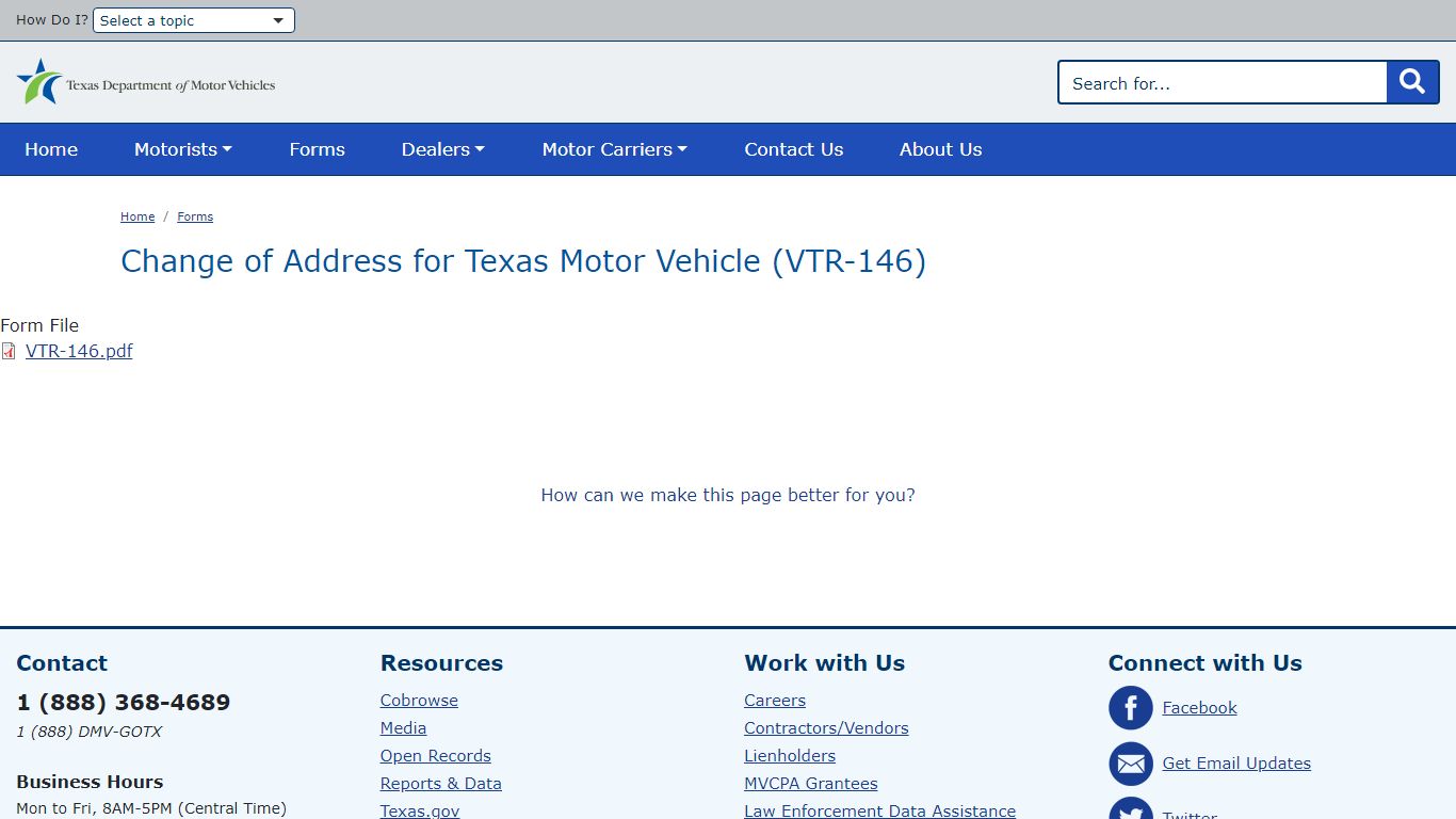 Change of Address for Texas Motor Vehicle (VTR-146) | TxDMV.gov